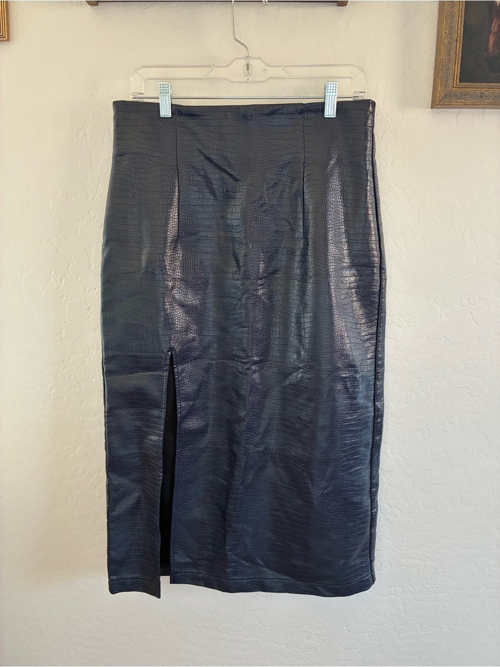 Topshop croc faux leather slit pencil skirt navy blue size 8